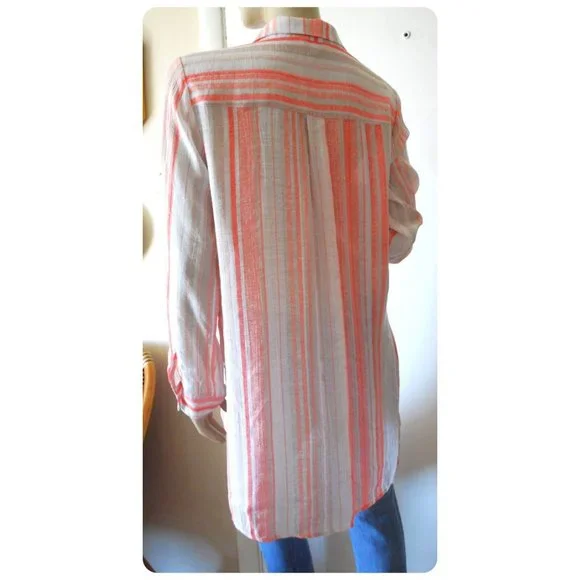 Nanette Lepore Coral Peach Striped Tunic Top Blouse Shirt Size L - Picture 3 of 4